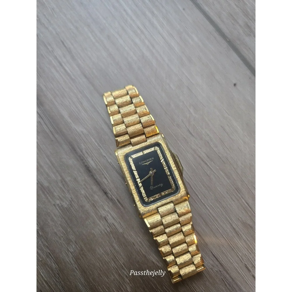 Longines Watch Mens Gold Tone Rectangular Black Dial Quartz Dress Bracelet Vtg